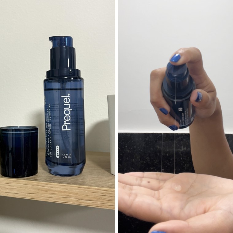 On the left is an uncapped bottle of the Prequel Multi-Quench Plumping Hydration Serum, and on the right the watery serum is being dispensed into a woman’s hand.