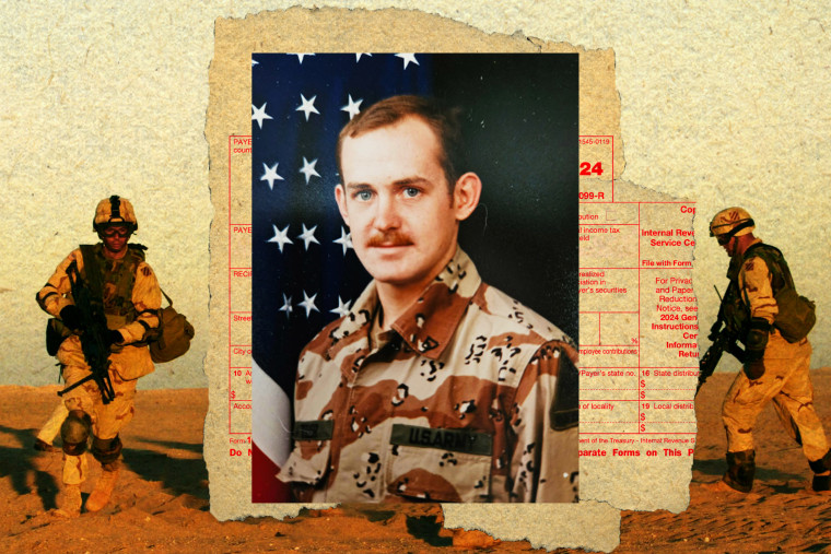 Shawn Teller portrait surrounded by Gulf War and tax payment imagery. 