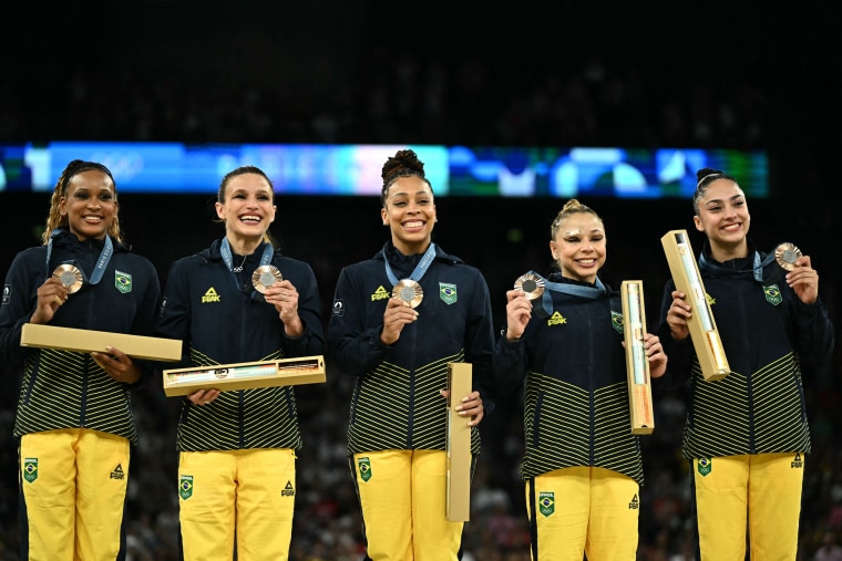 Team Brazil during the podium ceremony for the artistic gymnastics women's team final during the Olympics in Paris