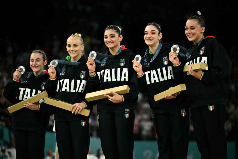 Team Italy during the podium ceremony for the artistic gymnastics women's team final 