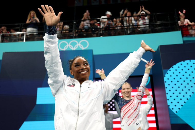 Simone Biles is introduced during the Artistic Gymnastics Women's Team Final at the Olympics in Paris