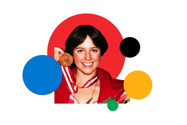 Dorothy Hamill surrounded by colorful circles.