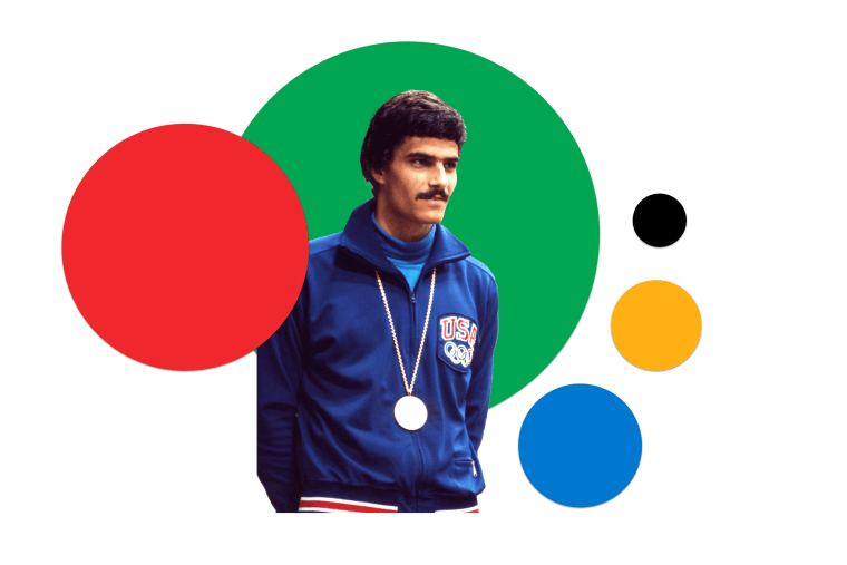 Mark Spitz surrounded by colorful dots.