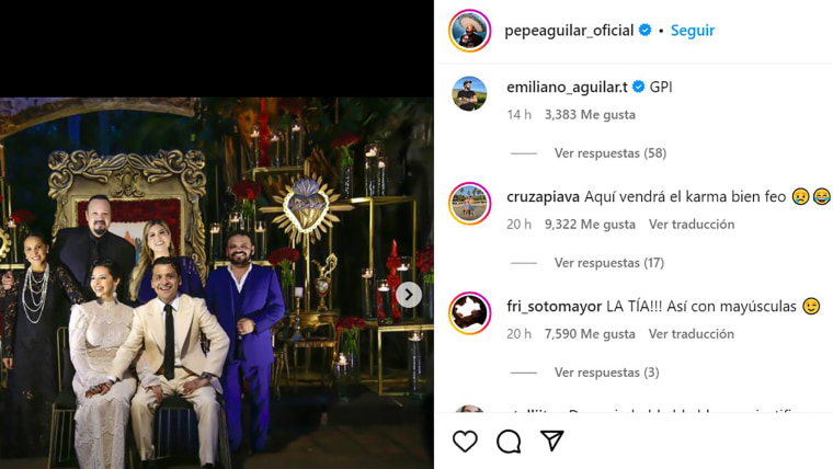 Emiliano Aguilar comentó en las fotos de la boda de Ángela y Nodal en la cuenta de Pepe Aguilar en Instagram.