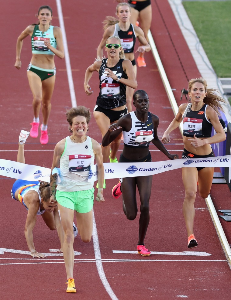 Nikki Hiltz crosses the finish line to win the Women's 1500m Final during the 2023 USATF Outdoor Championships at Hayward Field on July 08, 2023 in Eugene, Oregon. 