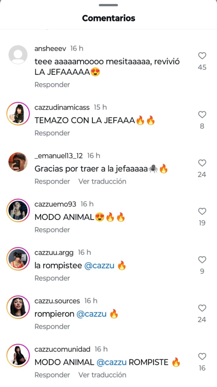 Comentarios sobre el tema de Mesita y Cazzu en Instagram