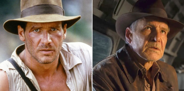 Harrison Ford as Indiana Jones in "The Temple of Doom" and in "The Dial of Destiny."