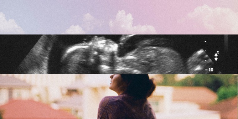 collage of stips of images of a woman, ultrasound and sky