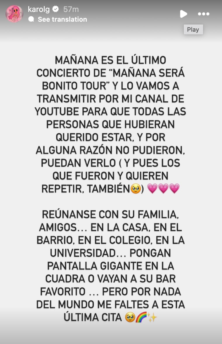 Karol G shares a message with her fans about livestreaming her final "Mañana Será Bonito" show.