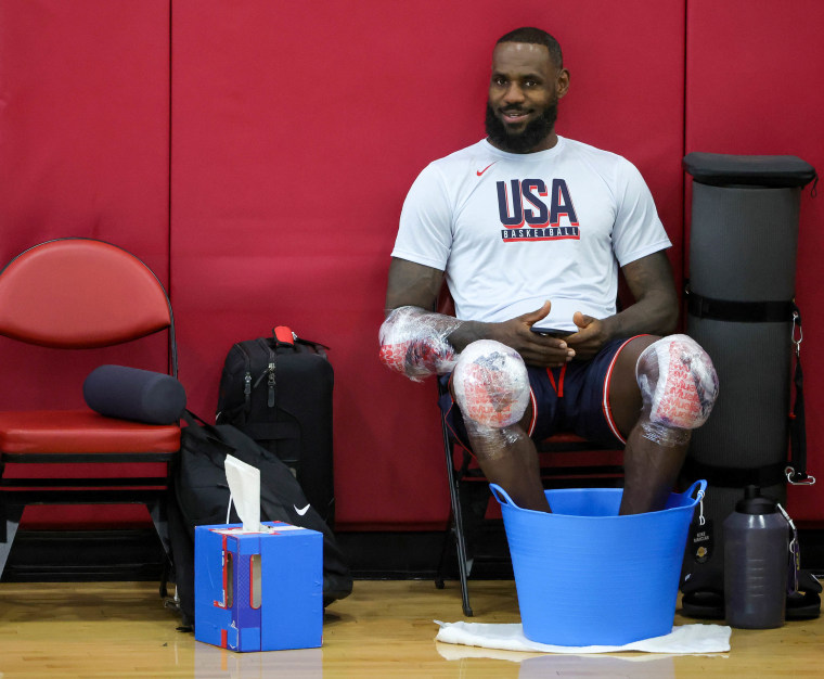 LeBron James ices his knees at U.S. men's basketball training camp in Las Vegas.
