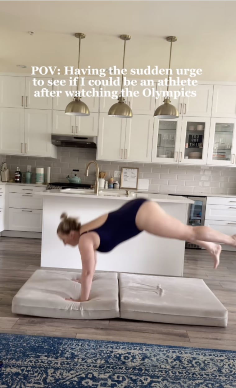 Mom attempts Olympic gymnastics in her kitchen and her peformance goes viral