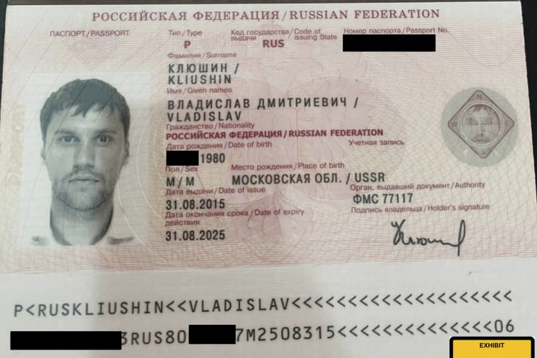 A Russian passport belonging to Vladislav Klyushin.