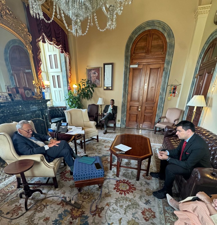 Senate Majority Leader Chuck Schumer speaks with NBC's Sahil Kapur in his Capitol office Thursday.