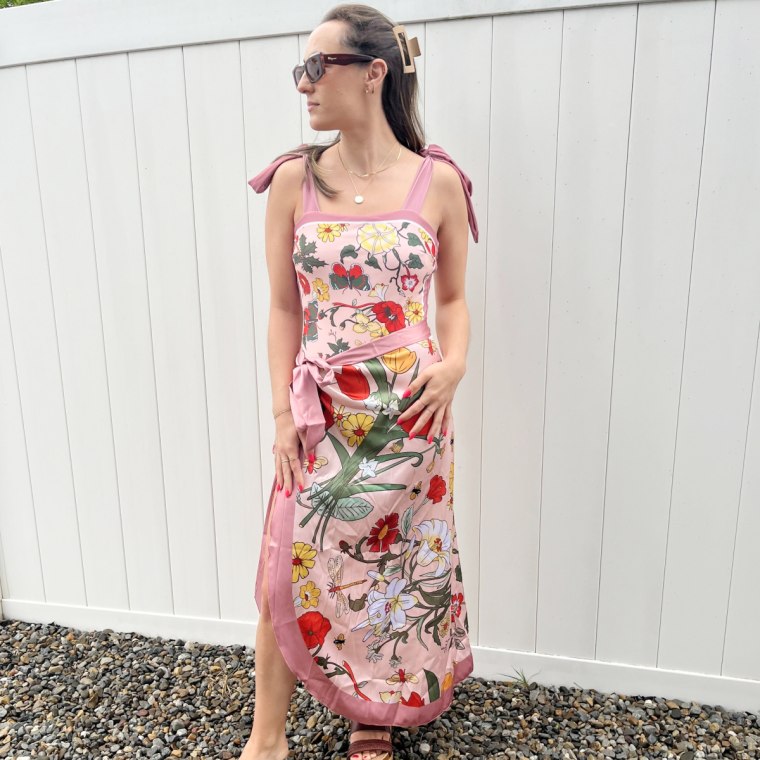 Shop TODAY writer Danielle Murphy wearing the Idopip swimsuit and cover-up in Dark Pink Floral.