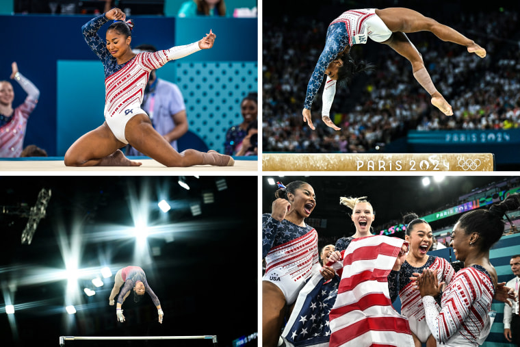 Simone Biles, Jade Carey, Jordan Chiles, and Sunisa Lee of Team USA compete in artistic gymnastics women's team and all around finals at the Paris Olympics 2024.