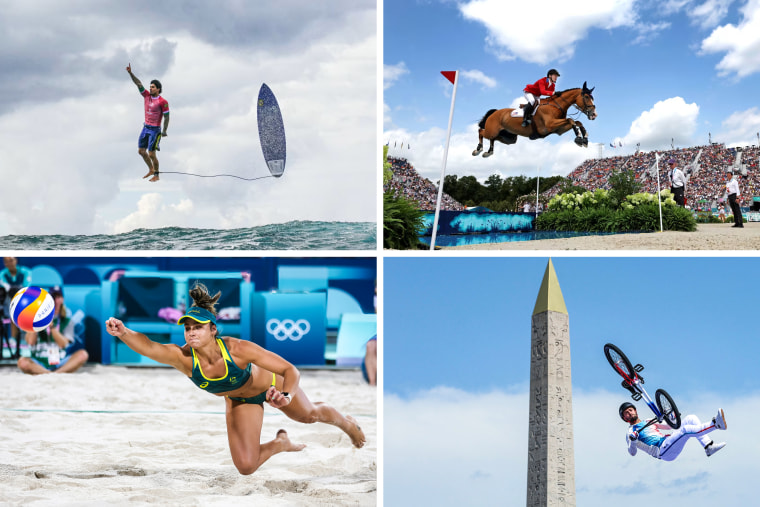 Brazil's Gabriel Medina flies during men's surfing; Mclain Ward and horse Ilex compete in jumping;  Mariafe Artacho del Solar of Australia during women's beach volleyball; France's Anthony Jeanjean competes in the Men's Cycling BMX Freestyle Park Final.