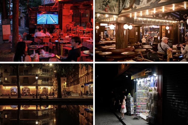 Clockwise from top left: A couple watches Olympic swimming outside a bar in Paris. A band plays in a quiet restaurant. A tourist browses a store in Montmartre. People gather on the banks of the Canal Saint-Martin on Wednesday night.