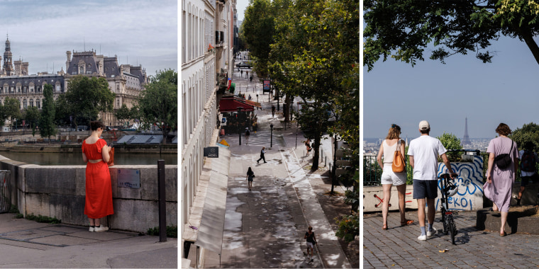 From left: A woman stands on the Seine riverbank at Saint-Louis Island in Paris. People scattered across a quiet street. Tourists take in a view of the Eiffel Tower at Belleville on Wednesday.