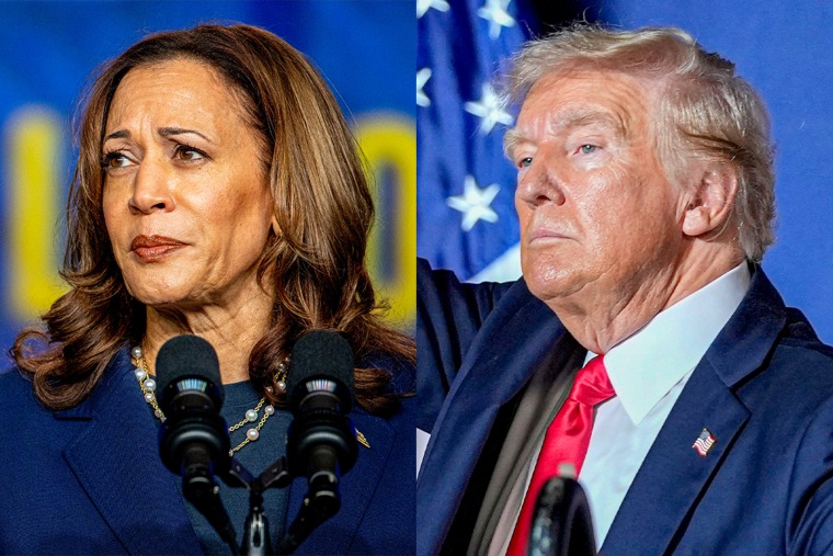 A split composite of Kamala Harris and Donald Trump.