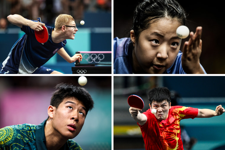 France's Felix Lebrun, South Korea's Shin Yubin, Australia's Nicholas Lum and China's Fan Zhendong play table tennis.