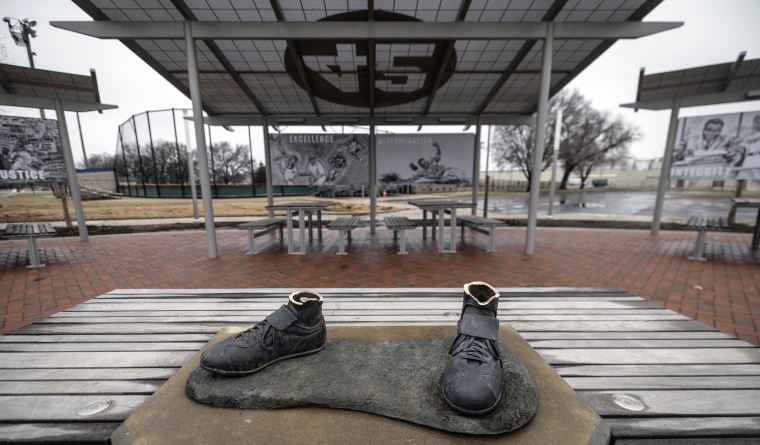 The cleat remains of the bronze Jackie Robinson statue