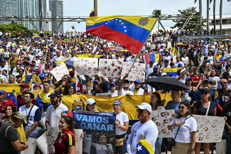 Demonstrators protest Venezuela's electoral process in Miami, on Aug. 3, 2024. 