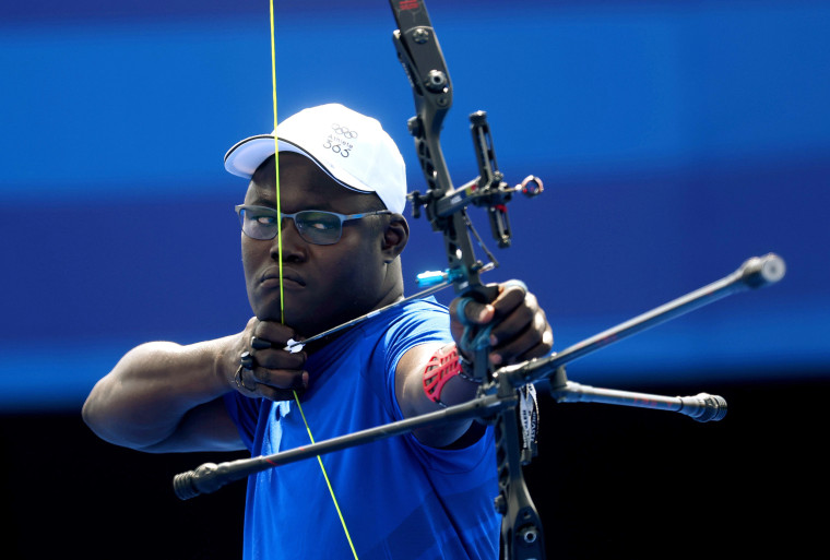 Israel Madaye of Chad competes in archery at the Olympics on July 30, 2024 in Paris.