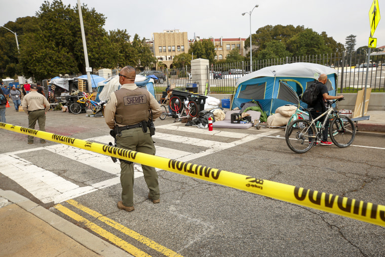 The VA is clearing out the homeless camp on San Vicente Blvd in front of the Veterans campus.