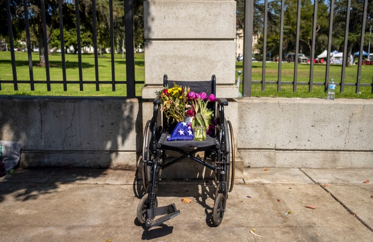 Flowers in a wheelchair.