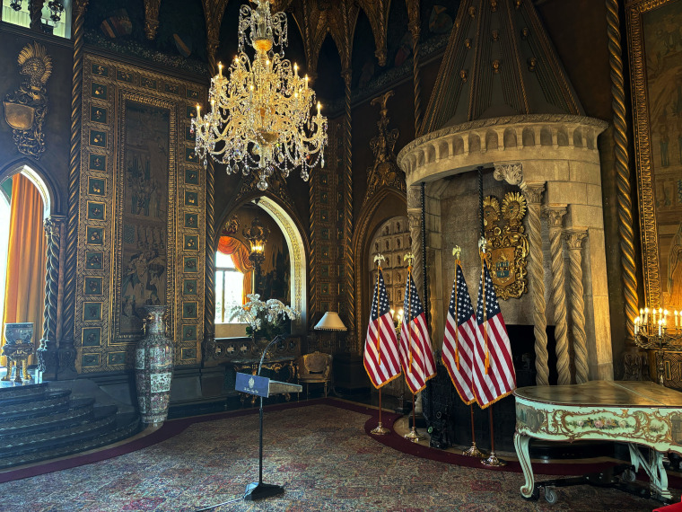 A podium is set up where former President Donald Trump will deliver remarks at Mar-a-Lago.