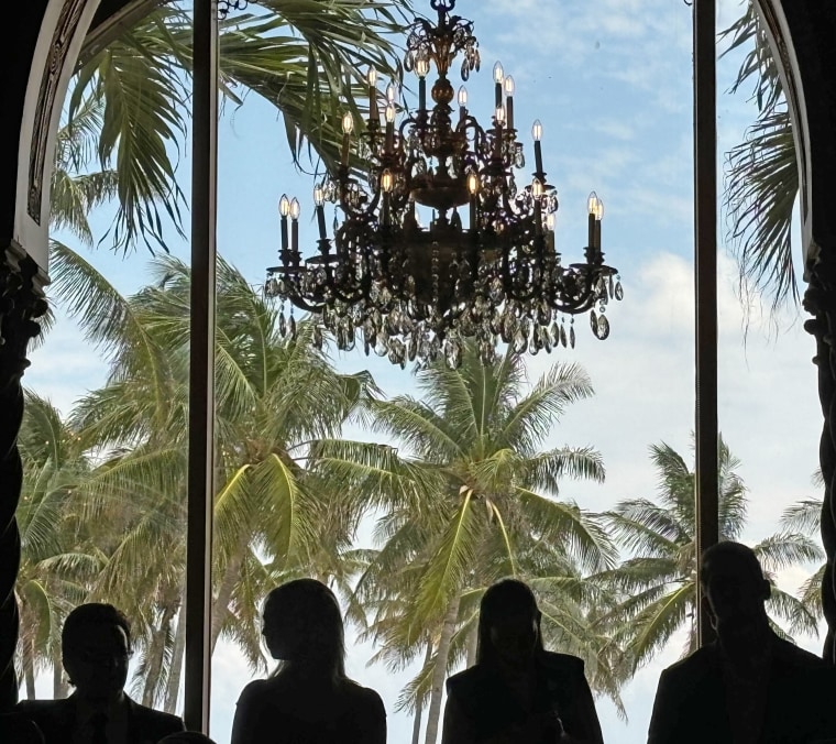 A podium is set up where former President Donald Trump will deliver remarks at Mar-a-Lago.