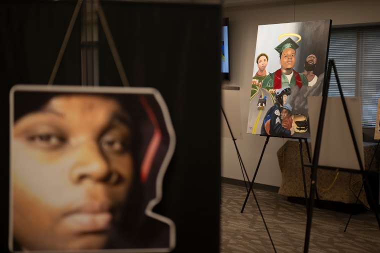 Art work depicting Michael Brown is seen inside of a room