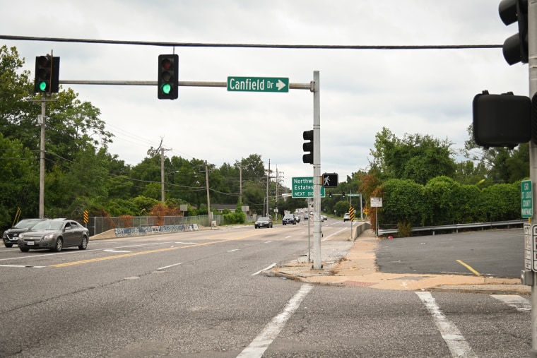 The intersection of Canfield Drive and West Florissant Avenue