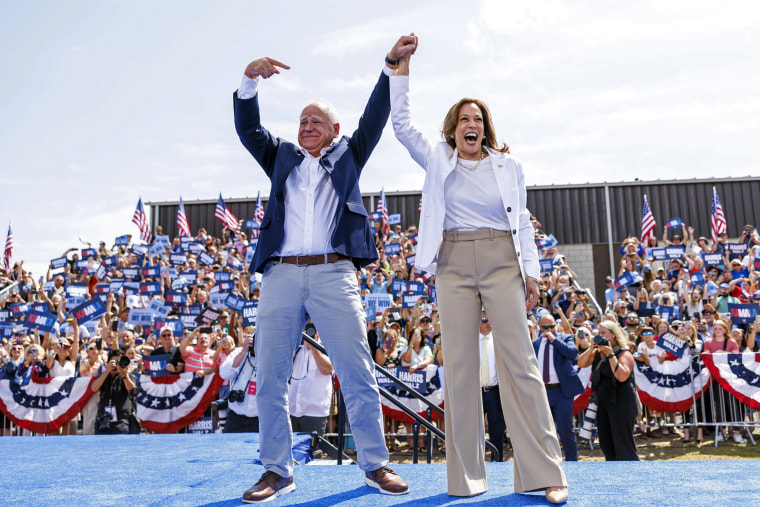 Image: Vice President Kamala Harris is welcomed by running mate Minnesota Gov. Tim Walz