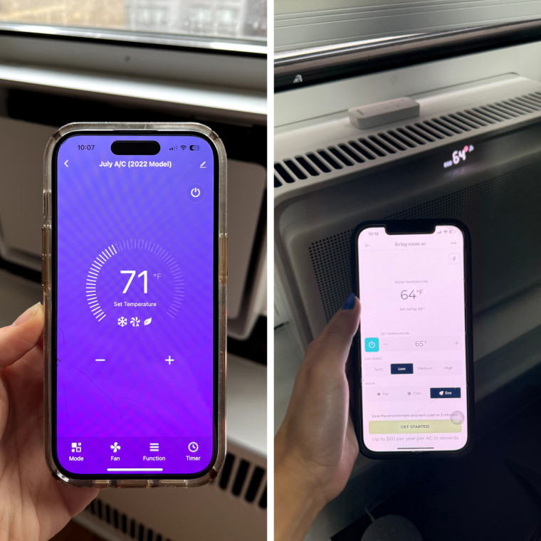 Hand holding phone showing the July air conditioner app (left) and hand holding phone showing the Windmill air conditioner app (right)