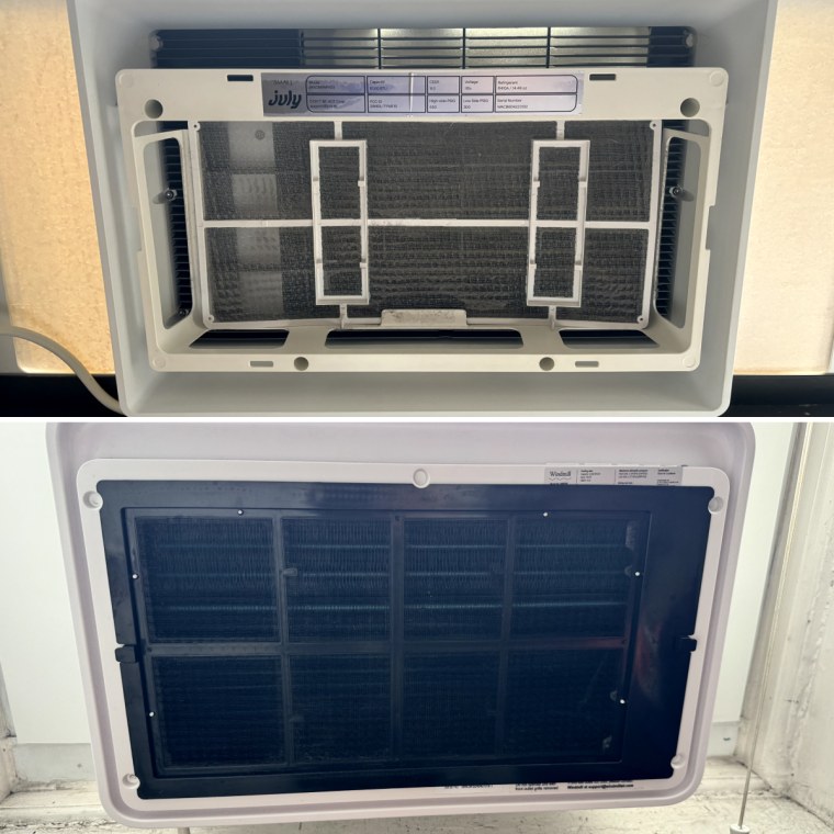 July AC with the front panel removed to show the filter (left), Windmill AC with the front panel removed to show the filter (right)