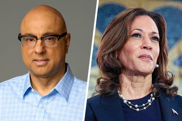 A split composite of Ali Velshi and Kamala Harris.