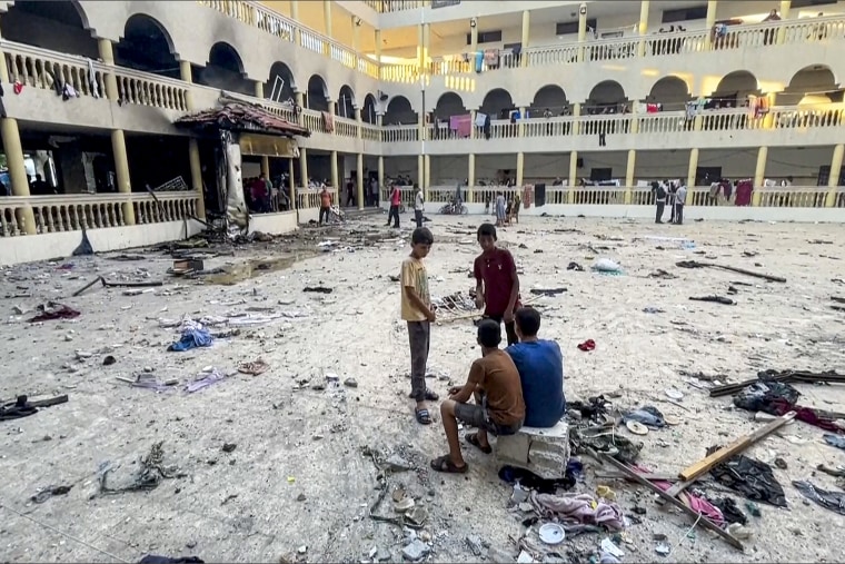 The yard of a school after being hit by an Israeli airstrike.