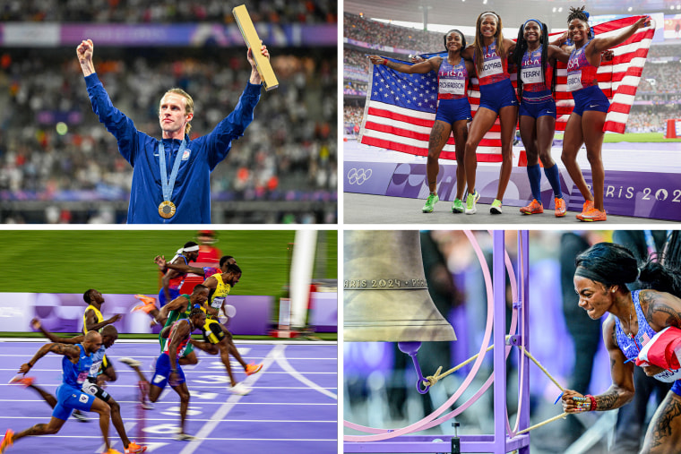 Split composite of Clockwise: Cole Hocker; Sha'carri Richardson, Twanisha Terry, Gabrielle Thomas and Melissa Jefferson; Noah Lyles on Men's 100m Final; Sha'Carri Richardson.