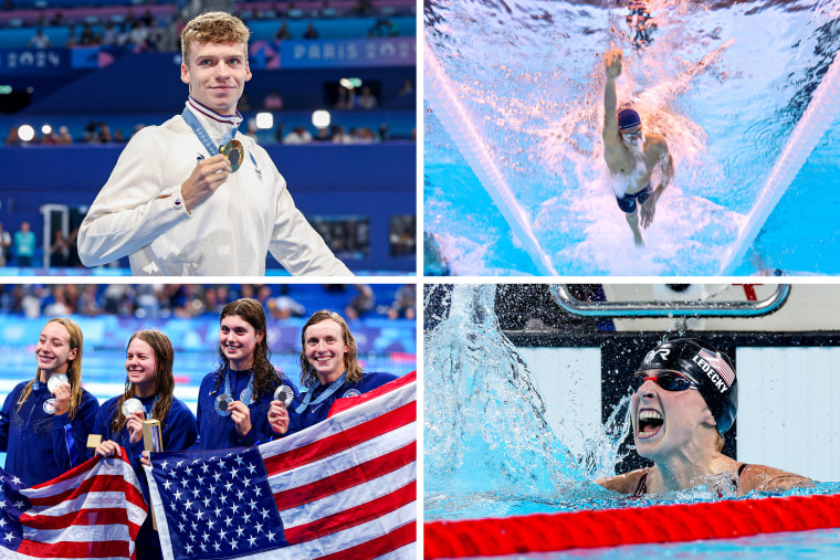 Split composite of Clockwise: Gold medalist Léon Marchand; Léon Marchand swims; Claire Weinstein, Paige Madden, Katie Ledecky and Erin Gemmell; Gold medalist Katie Ledecky.