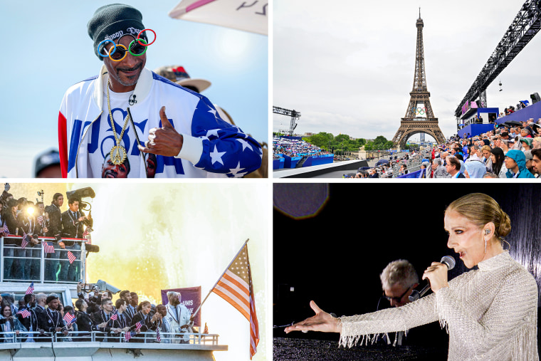 Clockwise: Snoop Dogg; spectators look on along the Seine River; U.S. flag bearers LeBron James and Coco Gauff; Céline Dion.