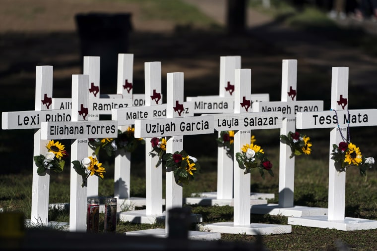 Crosses with the names of shooting victims outside Robb Elementary School in Uvalde, Texas, on May 26, 2022.