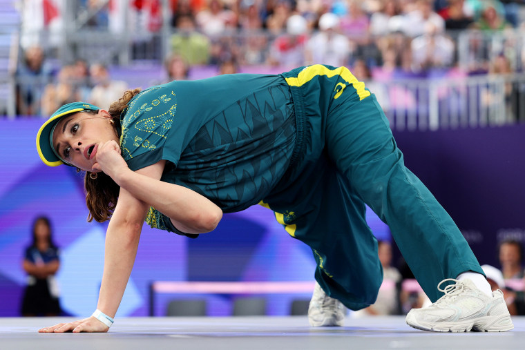 B-Girl Raygun of Team Australia 
competes during breaking event at the Olympic Games Paris 2024 at Place de la Concorde on August 09, 2024 in Paris, France. 