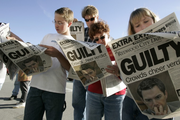 A family reads newspapers with a large GUILTY headline