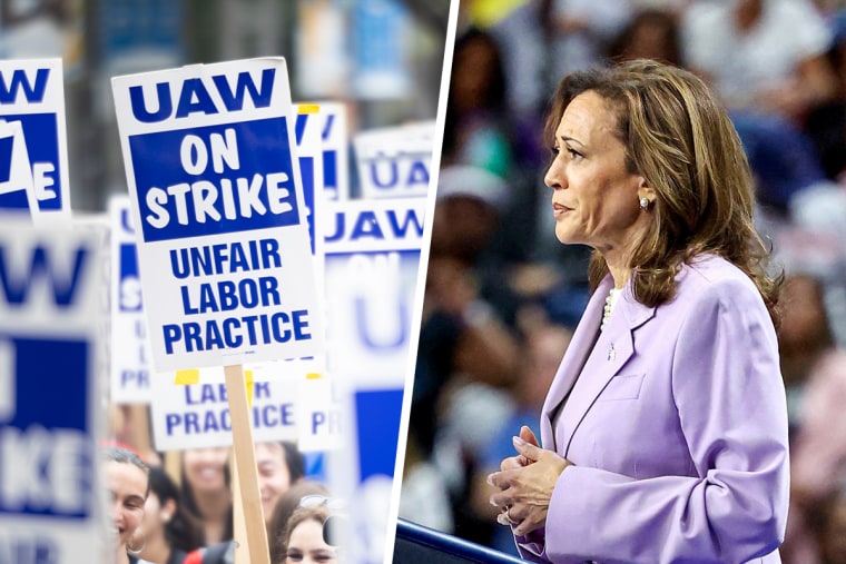 A split composite of a photo of the UAW and Kamala Harris.