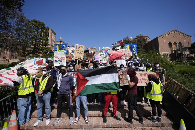 Demonstrators gather on the UCLA campus in Los Angeles