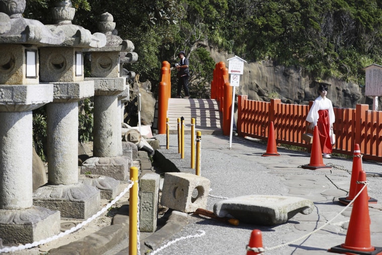 Stone lanterns fall at a shrine following a strong earthquake in Nichinan, Japan, on August 9, 2024.