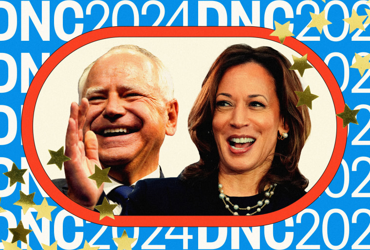 Photo illustration of Tim Walz and Kamala Harris