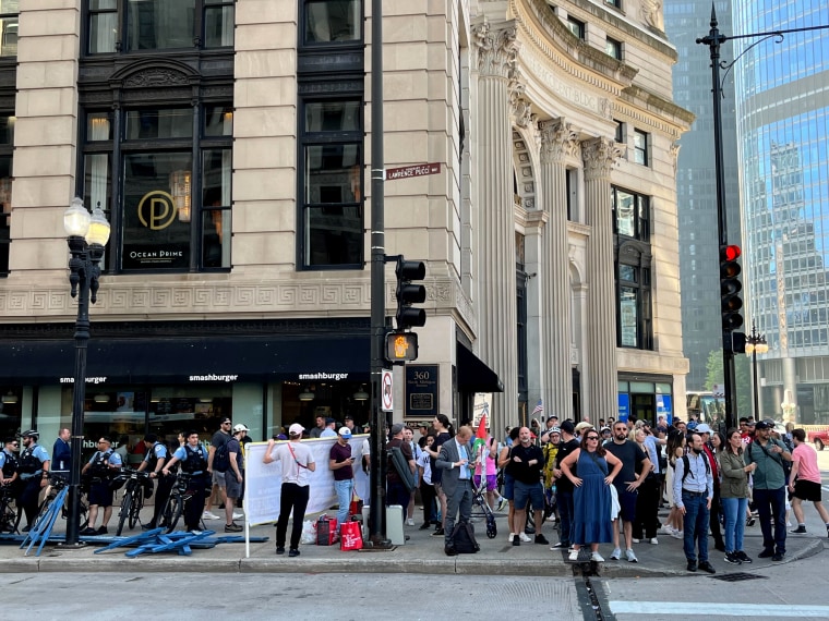 Demonstrators with a group called Bodies Outside of Unjust Laws have begun assembling in downtown Chicago on Sunday, Aug. 18, 2024.