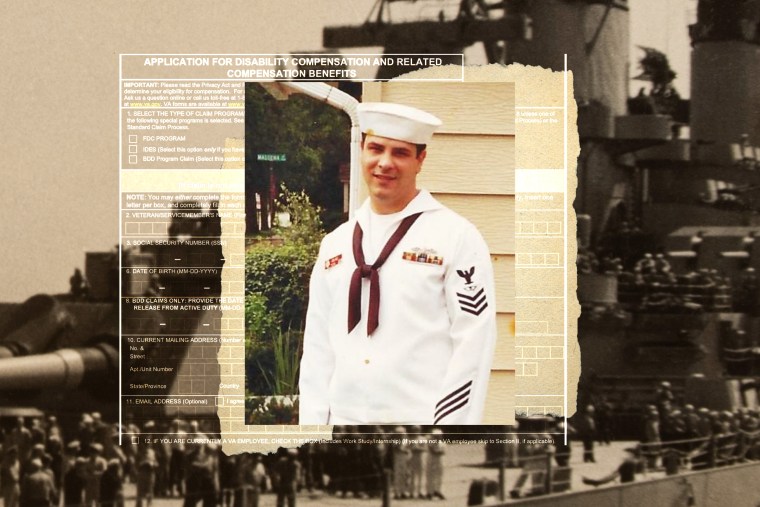 Collage of John Colage along with disability form and USS Iowa.